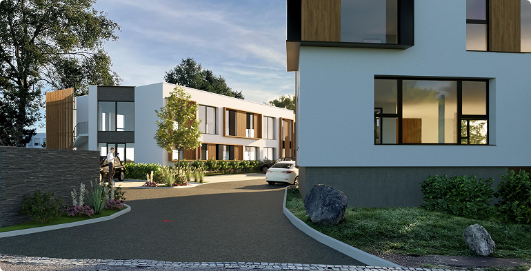 Vue d’ensemble du programme tertiaire ABO VOLO réhabilité par BMG Foncière à Vandœuvre-lès-Nancy, bâtiments de bureaux et espaces extérieurs.