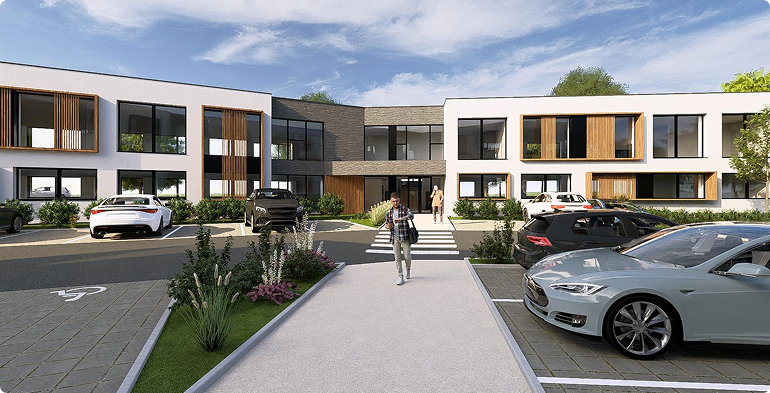 Vue d’ensemble du programme tertiaire ABO VOLO réhabilité par BMG Foncière à Vandœuvre-lès-Nancy, bâtiments de bureaux et espaces extérieurs.