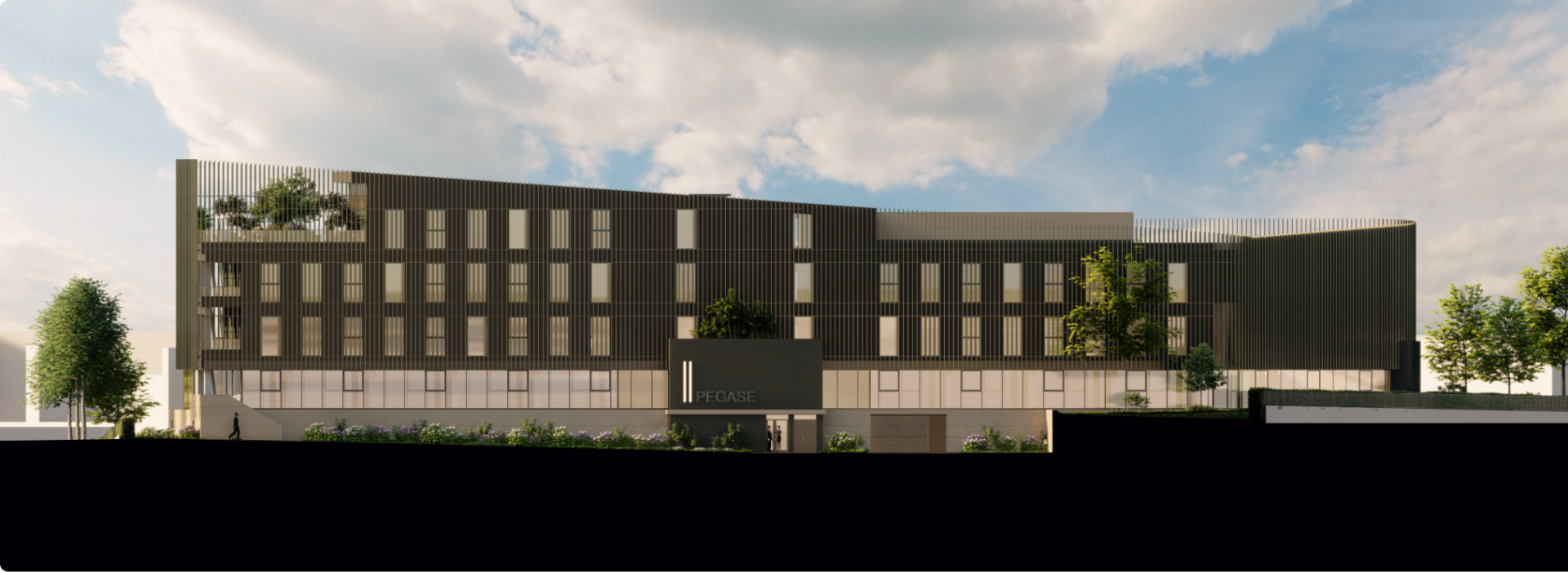 Façade principale de l’immeuble de bureaux PÉGASE à Laxou, programme tertiaire développé par BMG Foncière.