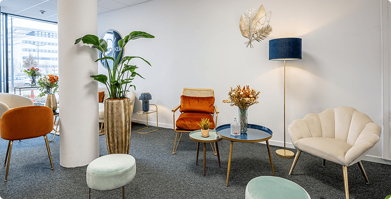 Salon et espace d'accueil de B'CoWorker Schiltigheim avec fauteuils, tables basses et décoration végétale.