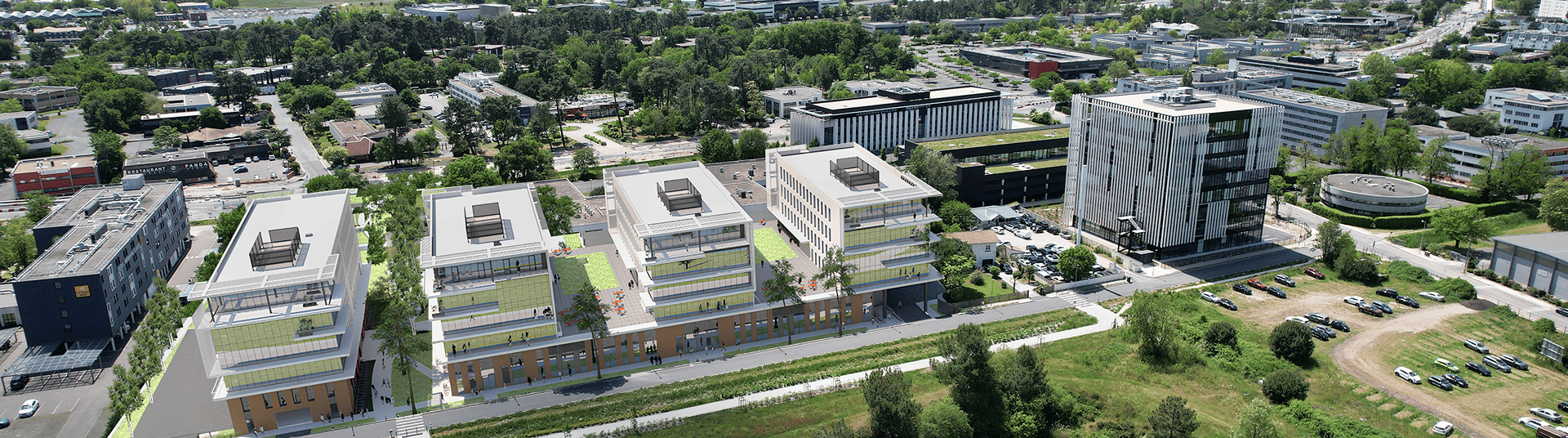 Vue aérienne du SPI à Mérignac dont le bâtiment A est loué par Sopra Steria.