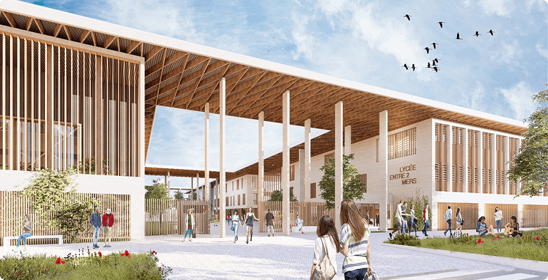 Perspective du futur lycée Créon réalisé avec des éléments préfabriqués CIR PREFA.