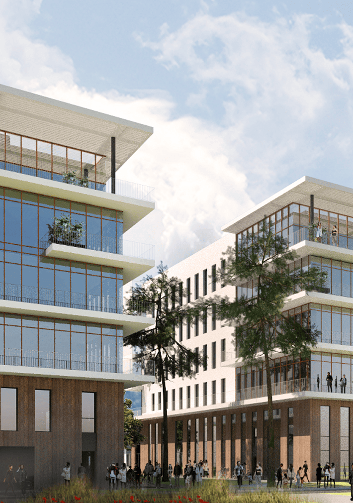 Perspective en contre-plongée du programme SPI à Mérignac, avec façades vitrées, balcons et volumes superposés, BMG Foncière.