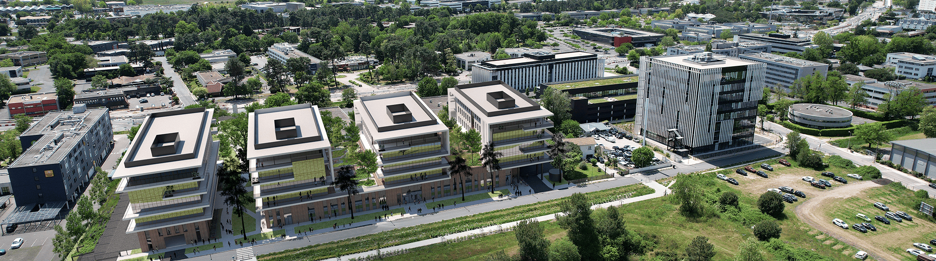 Vue aérienne en perspective du programme SPI à Mérignac, montrant son implantation dans environnement urbain, BMG Foncière.