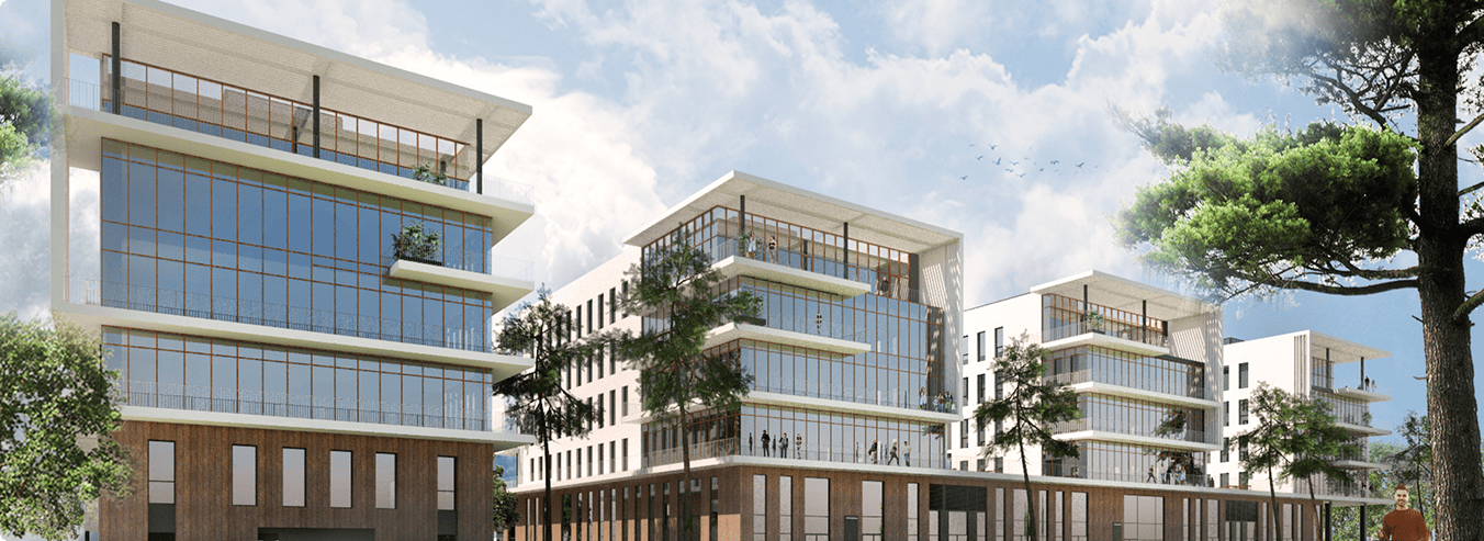 Perspective frontale du programme SPI à Mérignac, avec immeubles vitrés, terrasses et arbres au premier plan, BMG Foncière.