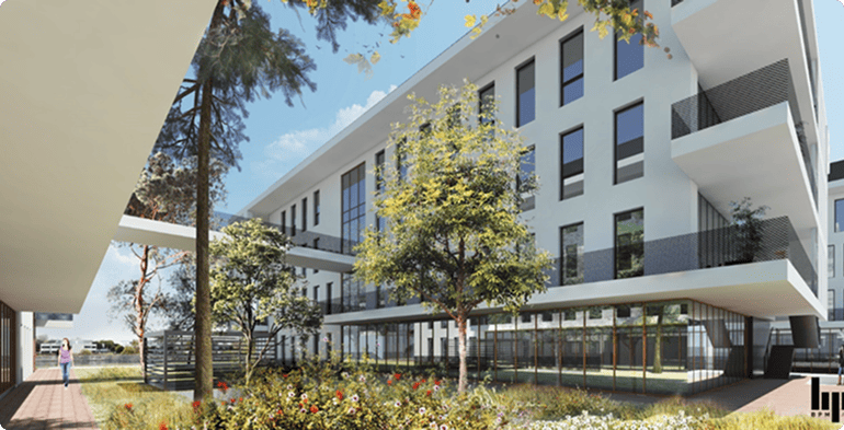 Perspective au pied du programme SPI à Mérignac, avec façade blanche, rez-de-chaussée vitré et aménagements paysagers, BMG Foncière.