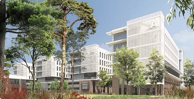 Perspective du programme SPI à Mérignac depuis un espace arboré, avec façades claires et vitrées en arrière-plan, BMG Foncière.