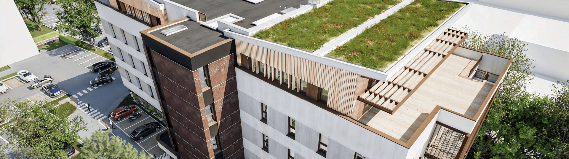 Vue aérienne de la toiture végétalisée et des terrasses du programme Mona à Pessac, BMG Foncière, filiale du Groupe FSDV.