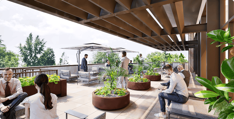Terrasse aménagée du programme Mona à Pessac avec espaces de détente et végétation, BMG Foncière, filiale du Groupe FSDV.