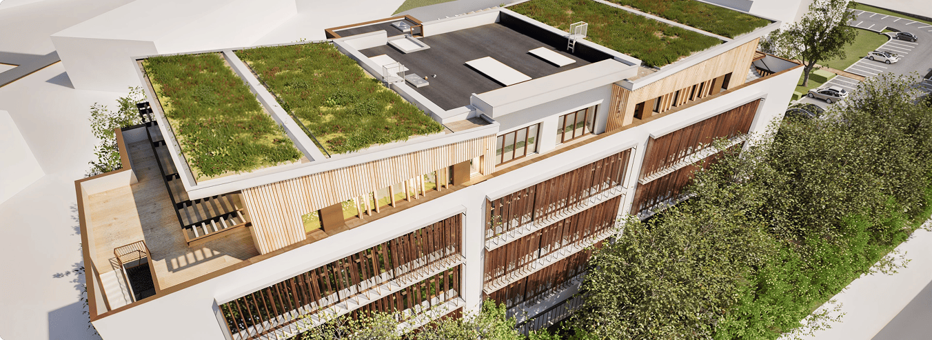 Vue aérienne des toitures végétalisées et des terrasses du programme Mona à Pessac, BMG Foncière, filiale du Groupe FSDV.