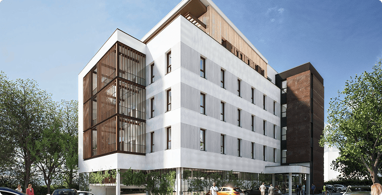 Perspective extérieure du programme de bureaux Mona à Pessac avec façade contemporaine, BMG Foncière, filiale du Groupe FSDV.