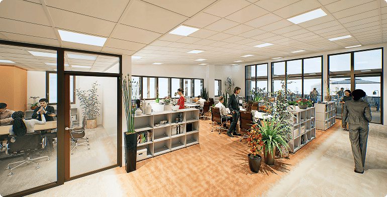 Perspective d'un plateau de bureaux du programme Mona à Pessac avec espaces de travail ouverts, BMG Foncière, filiale du Groupe FSDV.