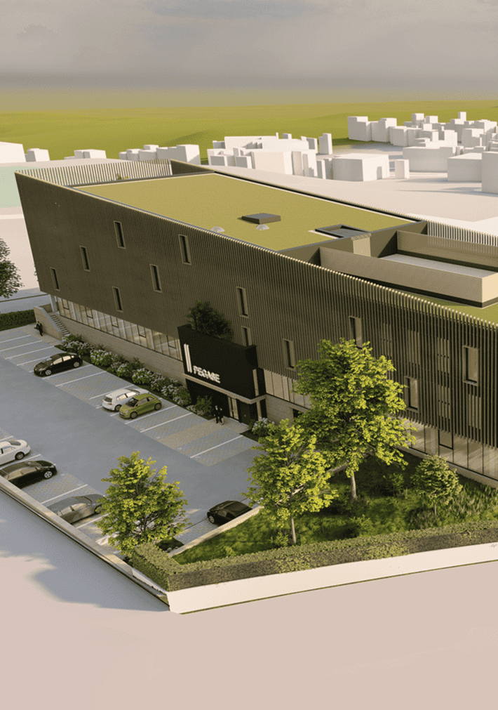 Vue aérienne du programme de bureaux Pégase à Laxou avec toiture végétalisée et stationnements, BMG Foncière, filiale du Groupe FSDV.