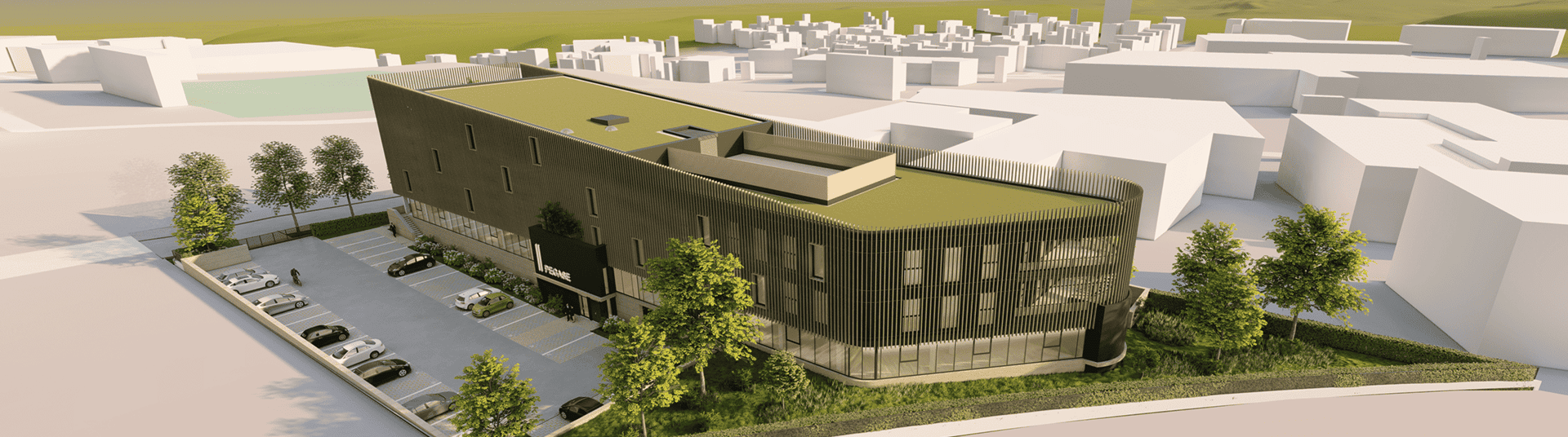 Vue d'ensemble du programme de bureaux Pégase à Laxou avec façades contemporaines et espaces paysagers, BMG Foncière, filiale du Groupe FSDV.