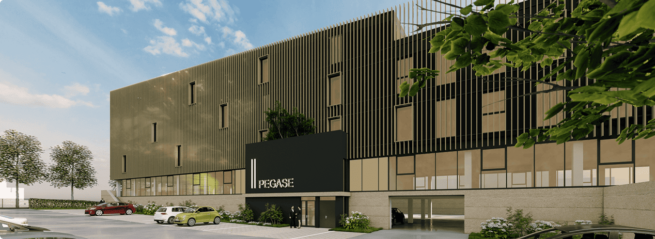 Façade principale du programme de bureaux Pégase à Laxou avec entrée et stationnements, BMG Foncière, filiale du Groupe FSDV.