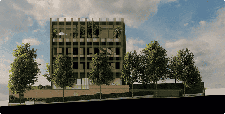 Vue de l'extrémité du programme de bureaux Pégase à Laxou avec terrasse en toiture, BMG Foncière, filiale du Groupe FSDV.