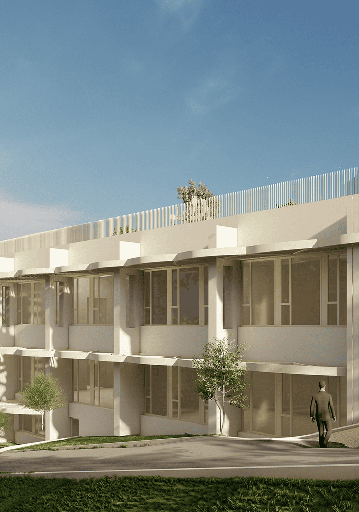 Perspective extérieure du programme Les Lucioles à Sophia Antipolis avec façades réhabilitées et terrasses, BMG Foncière, filiale du Groupe FSDV.