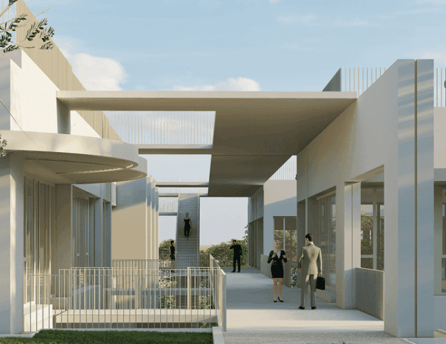 Patio central paysager du programme Les Lucioles à Sophia Antipolis avec circulations couvertes, BMG Foncière, filiale du Groupe FSDV.