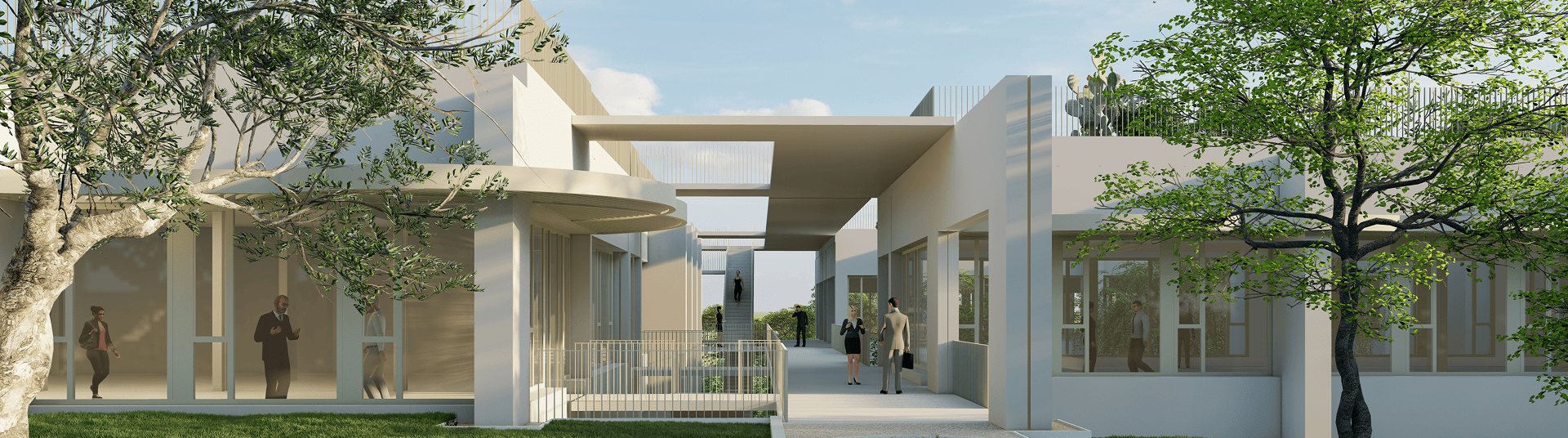 Patio central paysager du programme Les Lucioles à Sophia Antipolis avec circulations couvertes, BMG Foncière, filiale du Groupe FSDV.
