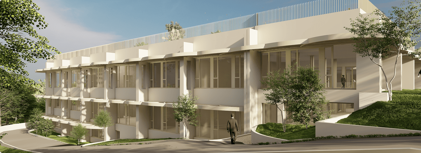 Vue extérieure du programme Les Lucioles à Sophia Antipolis avec façades vitrées et espaces paysagers, BMG Foncière, filiale du Groupe FSDV.