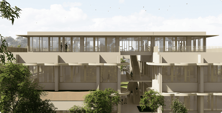 Vue du niveau supérieur du programme Les Lucioles à Sophia Antipolis avec terrasses et passerelles, BMG Foncière, filiale du Groupe FSDV.